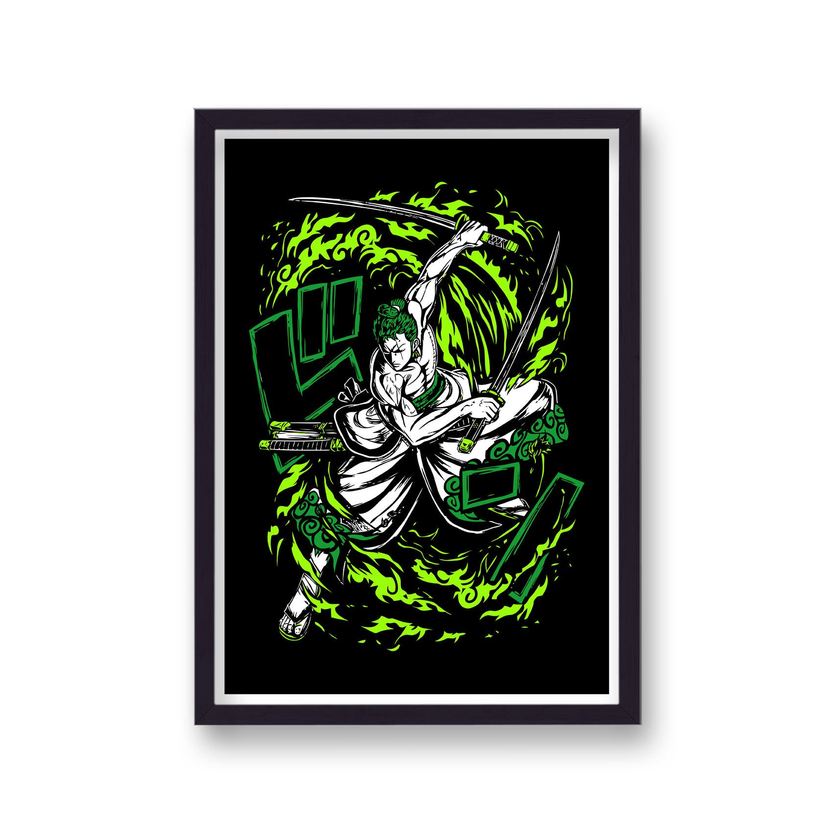 One Piece Zoro With Swords Green and Black Poster Print