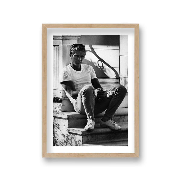 Steve Mcqueen Relaxing On Stairs In T-Shirt Jeans And Sneakers Vintage Icon Print