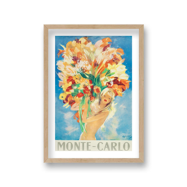 Monte Carlo Graphic Naked Girl Holding Huge Flower Bouquet Vintage Travel Print