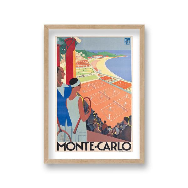 Monte Carlo Art Deco Man & Lady Overlooking Tennis Courts Vintage Travel Print