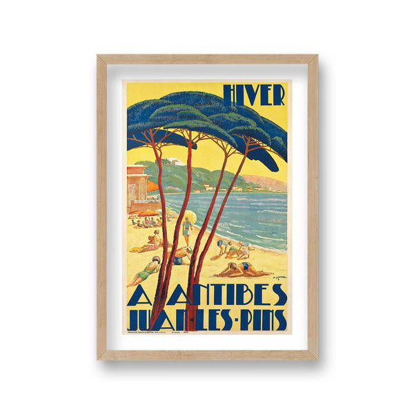 Hiver A Antibes Juan Les-Pins Art Deco Beach Scene Blue Trees Vintage Travel Print