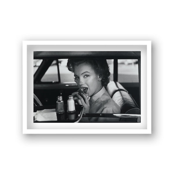 Marilyn Monroe Portrait In Car Eating Burger In Drive-Thru Vintage Icon Print