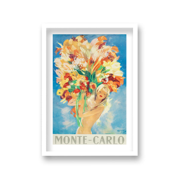 Monte Carlo Graphic Naked Girl Holding Huge Flower Bouquet Vintage Travel Print