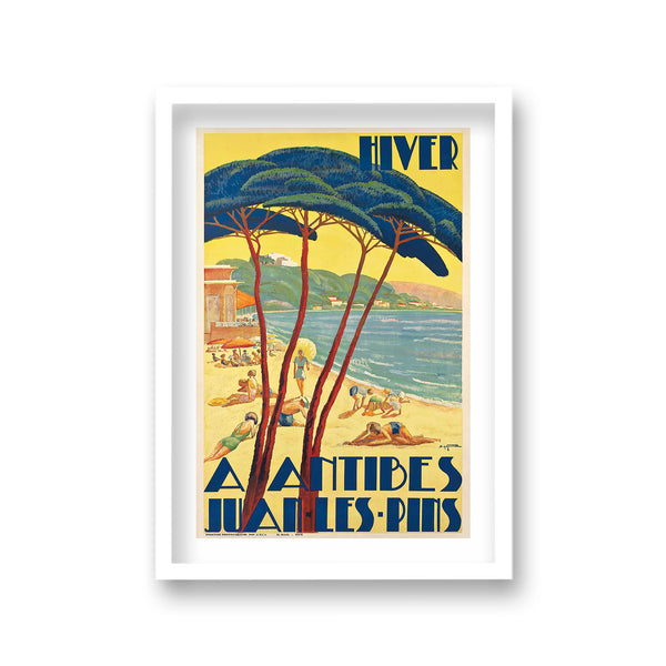 Hiver A Antibes Juan Les-Pins Art Deco Beach Scene Blue Trees Vintage Travel Print