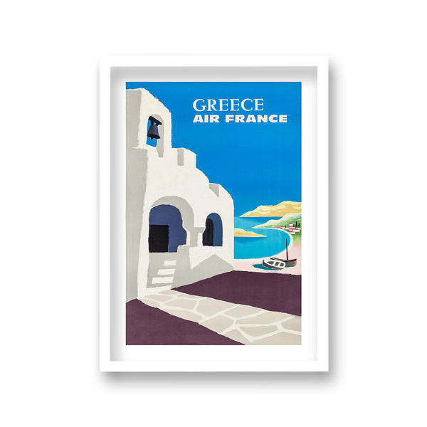 Air France Greece Graphic White Villa And Bay With Fishing Boats