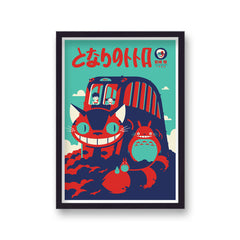 Ghibli Totoro Cat Bus Blue & Red Japanese Graphic Print