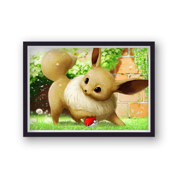 Pokemon Landscape Eevee Playing with Pokeball Poster Print