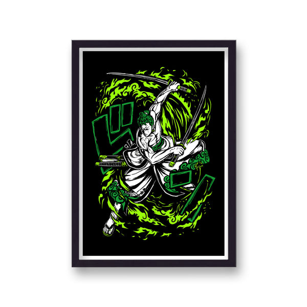 One Piece Zoro With Swords Green and Black Poster Print