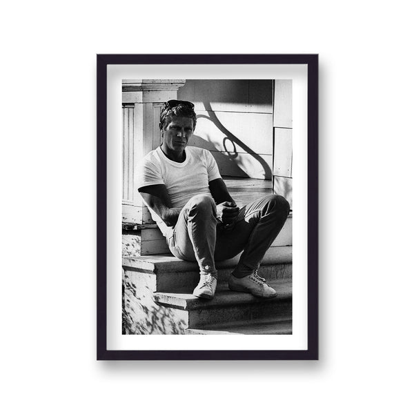 Steve Mcqueen Relaxing On Stairs In T-Shirt Jeans And Sneakers Vintage Icon Print