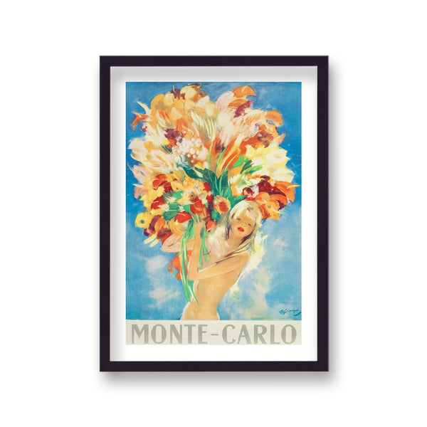 Monte Carlo Graphic Naked Girl Holding Huge Flower Bouquet Vintage Travel Print