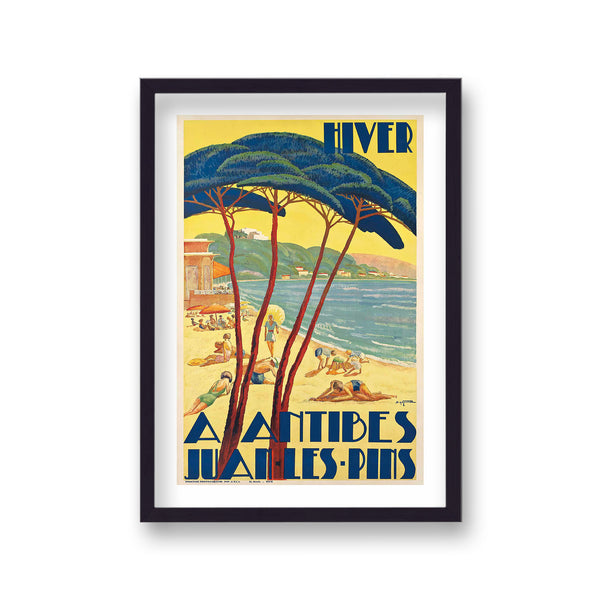 Hiver A Antibes Juan Les-Pins Art Deco Beach Scene Blue Trees Vintage Travel Print