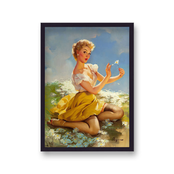 1960'S Inspired Pin Up Girl In Meadow Pulling Petals From Daisy