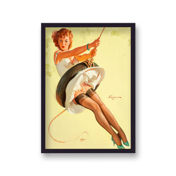 1960'S Inspired Pin Up Girl On Tyre Swing Shirt Blown Up Revealing Stockings