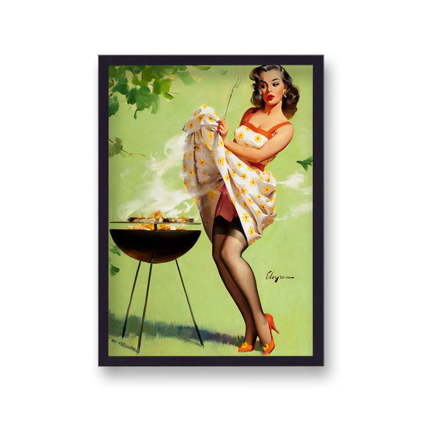 1960'S Inspired Pin Up Girl Cooking On Bbq Using Skirt To Shield From Heat