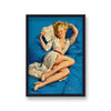 1960'S Inspired Pin Up Girl Laying On Blue Bed With Love Letter