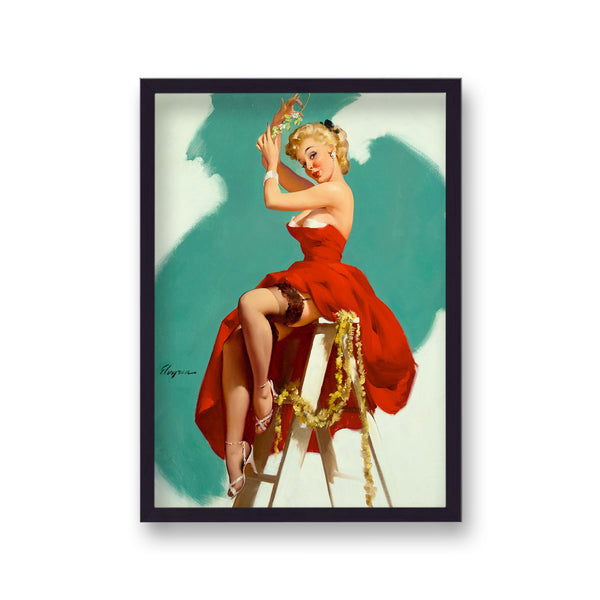 1960'S Inspired Pin Up Girl In Red Gown On Step Ladder Hanging Christmas Decorations