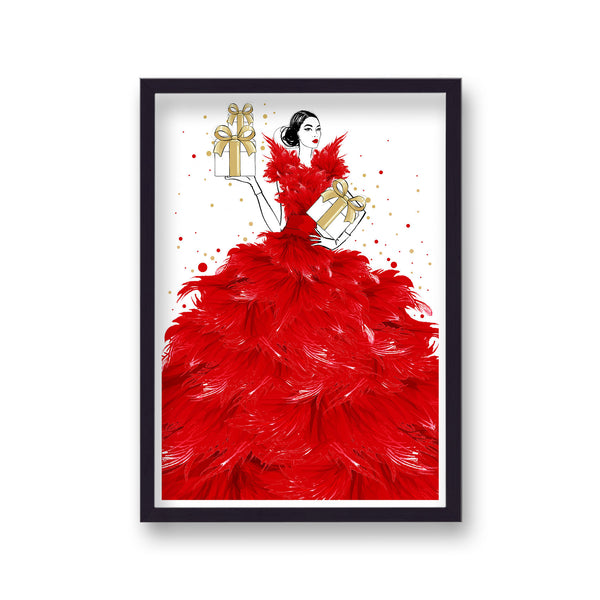 Estee Lauder Red Feathered Gown