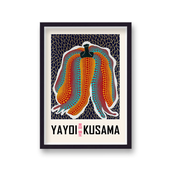 Yayoi Kusama Blue & Orange Pumpkin On Black Art Print