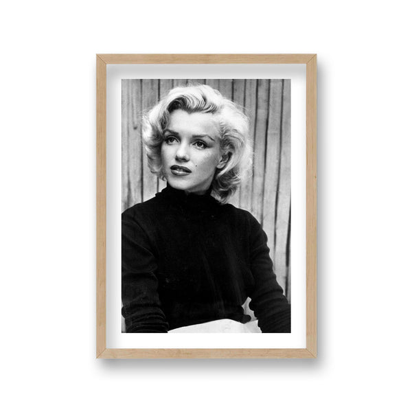 Marilyn Monroe Portrait Wearing Stylish Black Sweater Listening To Talk Out Of Picture Vintage Icon Print