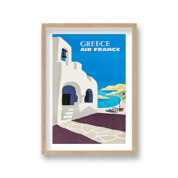 Air France Greece Graphic White Villa And Bay With Fishing Boats