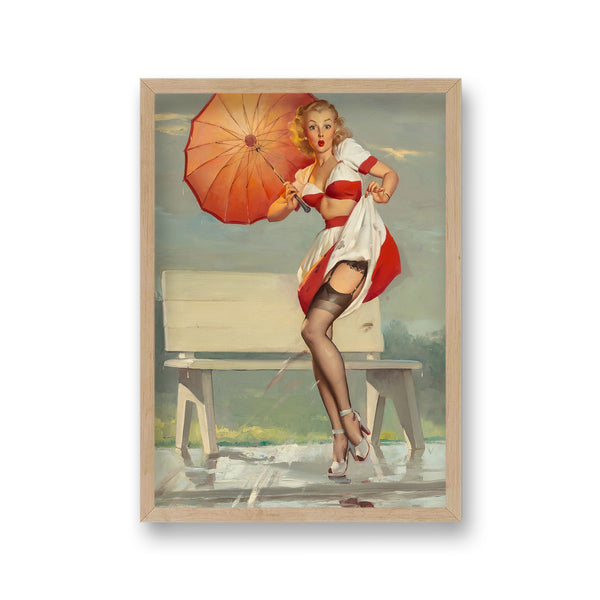 1960'S Inspired Pin Up Girl Holding Parasol Lifting White & Red Skirt To Show Black Suspenders
