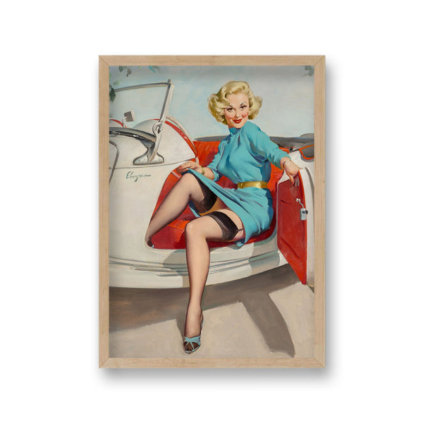 1960'S Inspired Pin Up Girl Climbing From Vintage Sports Car Showing Black Stockings Under Blue Dress