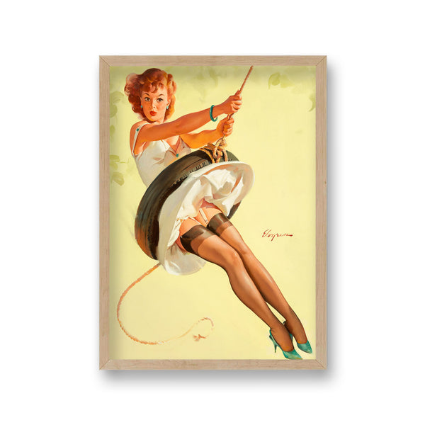 1960'S Inspired Pin Up Girl On Tyre Swing Shirt Blown Up Revealing Stockings