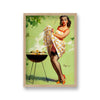 1960'S Inspired Pin Up Girl Cooking On Bbq Using Skirt To Shield From Heat