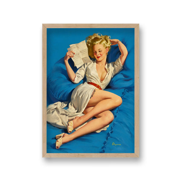 1960'S Inspired Pin Up Girl Laying On Blue Bed With Love Letter