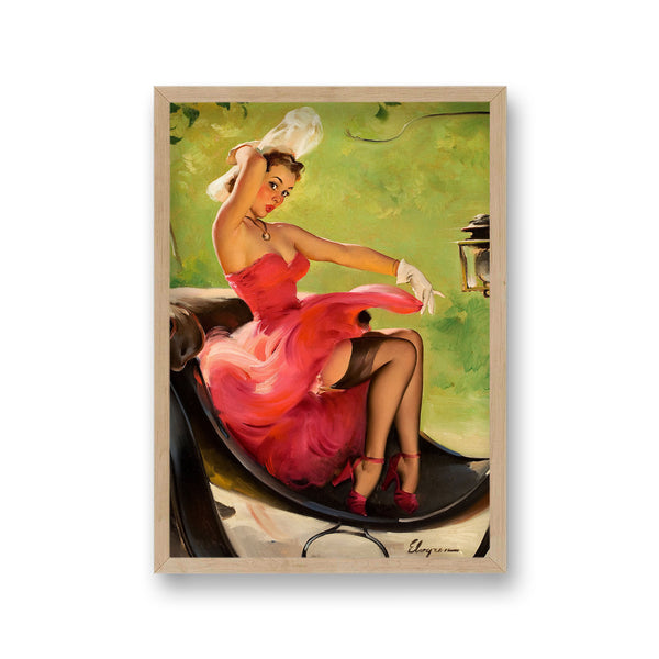 1960'S Inspired Pin Up Girl Wearing Pink Gown Sitting In Vintage Coach