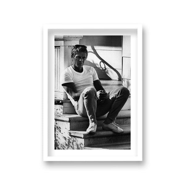 Steve Mcqueen Relaxing On Stairs In T-Shirt Jeans And Sneakers Vintage Icon Print