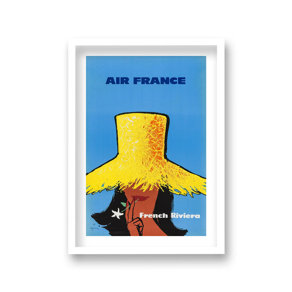 Air France French Riviera Lady With Large Yellow Sun Hat Vintage Travel Print