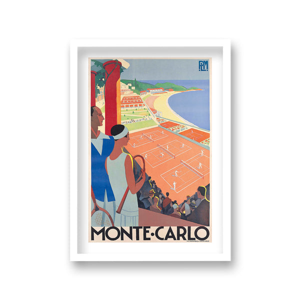 Monte Carlo Art Deco Man & Lady Overlooking Tennis Courts Vintage Travel Print