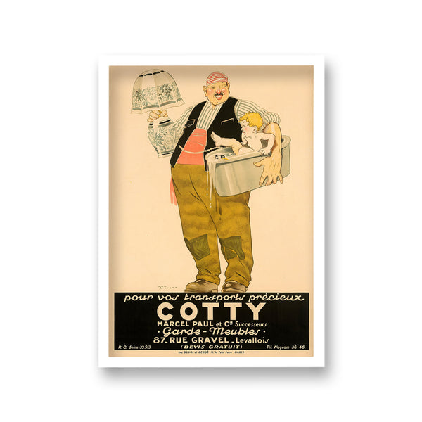 Cotty Vintage French Home Removals Advertising Print Smiling Man Holding Lamp And Baby In Bath