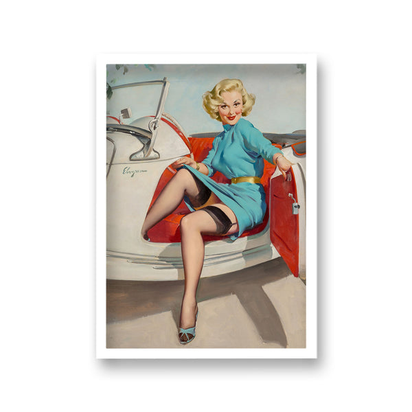 1960'S Inspired Pin Up Girl Climbing From Vintage Sports Car Showing Black Stockings Under Blue Dress