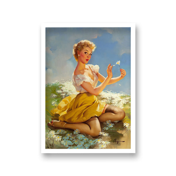 1960'S Inspired Pin Up Girl In Meadow Pulling Petals From Daisy