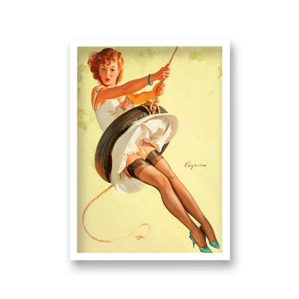 1960'S Inspired Pin Up Girl On Tyre Swing Shirt Blown Up Revealing Stockings