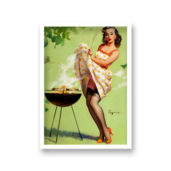 1960'S Inspired Pin Up Girl Cooking On Bbq Using Skirt To Shield From Heat