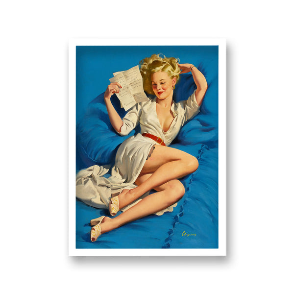 1960'S Inspired Pin Up Girl Laying On Blue Bed With Love Letter