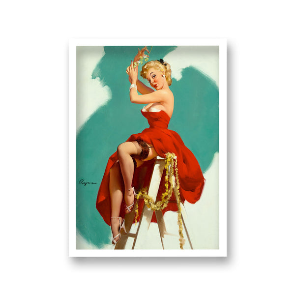 1960'S Inspired Pin Up Girl In Red Gown On Step Ladder Hanging Christmas Decorations
