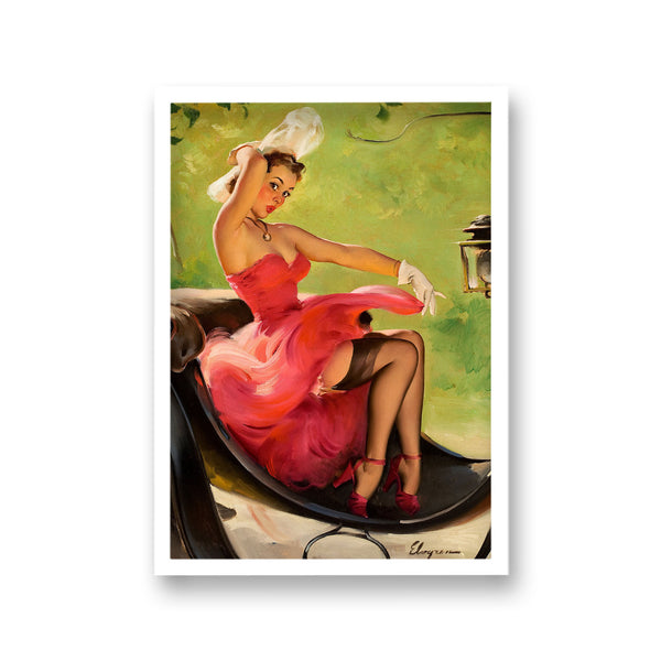 1960'S Inspired Pin Up Girl Wearing Pink Gown Sitting In Vintage Coach